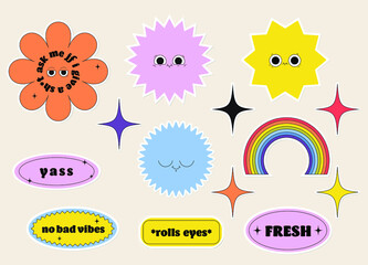 Cute minimalistic vector sticker pack. A bundle of colourful retro shapes with phrases. Stars, flowers, rainbow with funny faces. Editable badge clipart design.