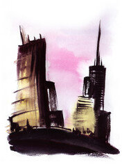An abstract hand-drawn silhouette of a big city with glowing skyscrapers windows against the background of a sunset pink-purple sky. Watercolor illustration in the technique of flowing paint