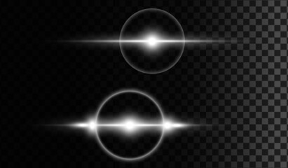 Horizontal lens flares pack. Laser beams, horizontal light rays.Beautiful light flares. Glowing streaks on dark background. Luminous abstract sparkling lined background.