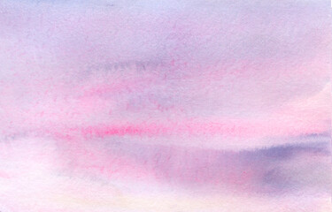 Abstract watercolor background. Gently pink and light purple ink stains on wet textured paper. Hand-drawn illustration