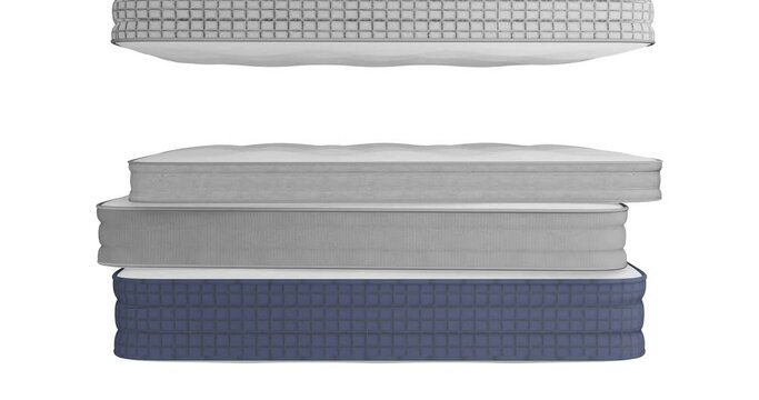 3d animation of several elastic mattresses falling on each other with different thicknesses with dark gray, light gray, blue borders.