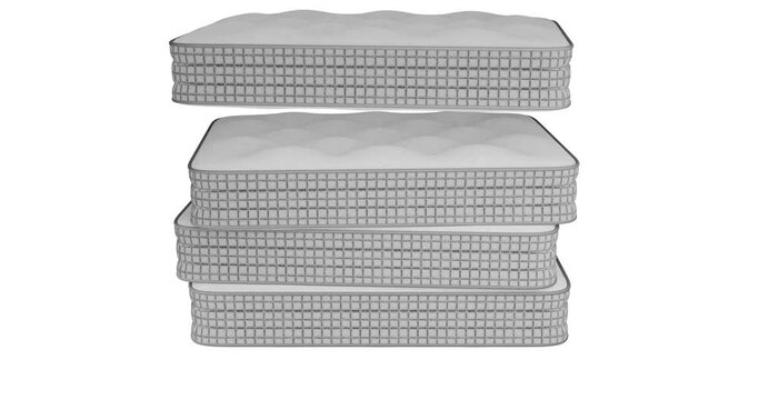 3d animation of several identical thick elastic mattresses falling on top of each other with a gray border. Zooming in on the camera