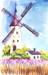 A fabulous mill tower with light walls and a purple roof. Fairy house. Lavender field, lush greenery, blue sky. Hand drawn watercolor illustration. Abstract landscape.