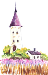 A fabulous mill tower with light walls and a purple roof. Fairy house. Lavender field, lush greenery. Sketch decorative element Hand drawn watercolor illustration. Abstract landscape.