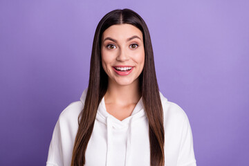 Photo of happy joyful amazed excited woman good mood smile news reaction face isolated on violet color background