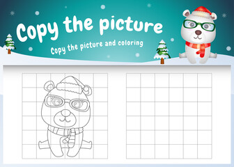 copy the picture kids game and coloring page with a cute polar bear using christmas costume