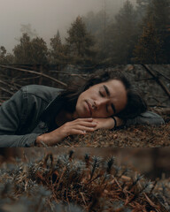 young guy resting on moss in the forest