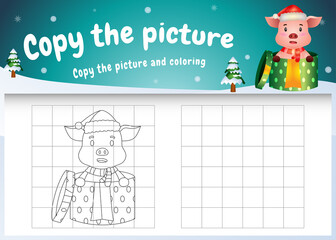 copy the picture kids game and coloring page with a cute pig using christmas costume