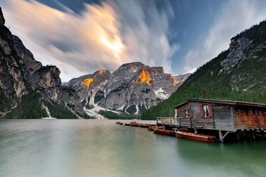 Cloudy sky at sunset over Croda del Becco and Lake Braies (Pragser Wildsee), Dolomites, South Tyrol