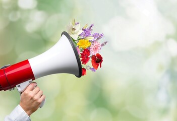 Megaphone with bouquet with blooming spring fresh flowers on pastel background.