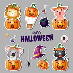 Stickers halloween collection with cute lion, pig, koala, and black cat