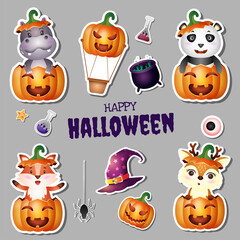 Obraz premium Stickers halloween collection with cute hippo, panda, fox and deer