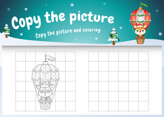 copy the picture kids game and coloring page with a cute deer on hot air balloon