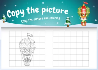 Fototapeten copy the picture kids game and coloring page with a cute deer on hot air balloon © riko_design