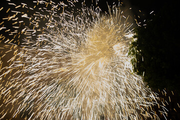 Yellow and white sparks on a dark background next to a cypress tree in a night environment. Concept: night pyrotechnics in Europe.