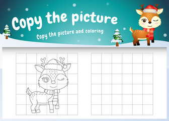 copy the picture kids game and coloring page with a cute deer on hot air balloon