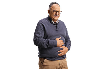Mature man holding his painfull belly - obrazy, fototapety, plakaty