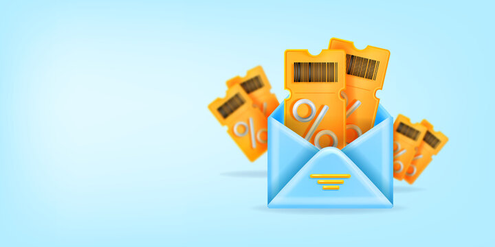 3D vector discount coupon illustration, online event ticket gift, SMM bonus voucher newsletter banner. Customer benefit loyalty program background sale advertisement special offer. 3D coupon promotion
