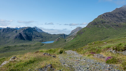 The rough road from Kilmarie to Camasunary with the towering pinnacles of Sgurr nan Gillean in the distance, Isle of Skye