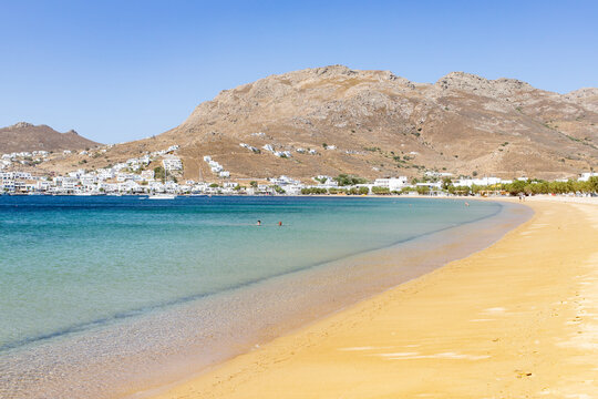 View of Livadi beach and the large harbour bay of Serifos, Cyclades