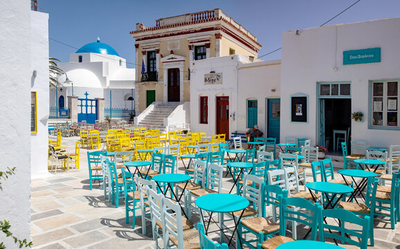 Seating in the village square in the Plaka of Serifos, Cyclades