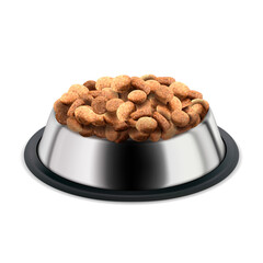 Pet Food In Metallic Plate For Dog And Cat Vector. Delicious Dried Pet Food In Stainless Dish For Feeding Domestic Animal. Vitamin Eatery Nourishment Template Realistic 3d Illustration