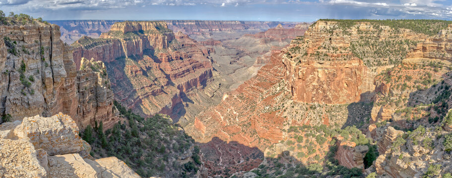 Panorama view of Freya's Castle and Wotan's Throne from the southwest side of Cape Royal on Grand Canyon North Rim, Arizona