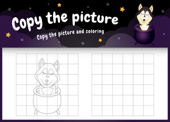 copy the picture kids game and coloring page with a cute husky dog using halloween costume