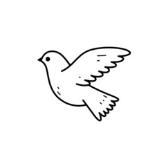 Cute pigeon - cartoon bird character. Cartoon dove in sky. Contour vector illustration.