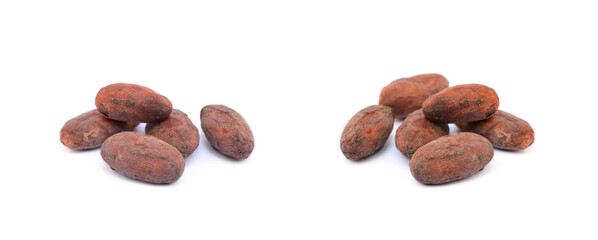 Roasted cacao beans isolated on white background