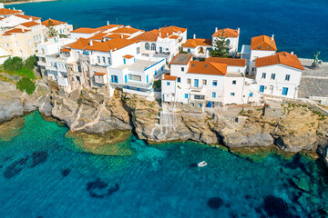 Aerial drone view of iconic and picturesque Andros (Chora) Andros Island, Cyclades