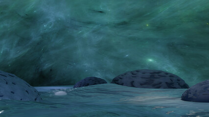 Sea and iceberg with blue green nebula in Arctic (3D Rendering)
