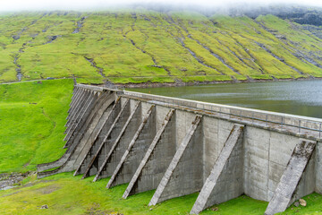 Big water dams high on the mountains near Vestmanna, Vagar Island, Faroe Islands. Viking remains have been made in the area.