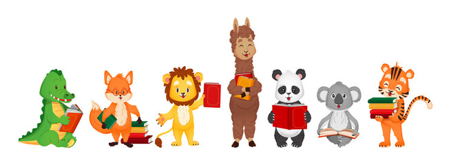 Set with cute animals reading books. Vector illustration in cartoon flat style