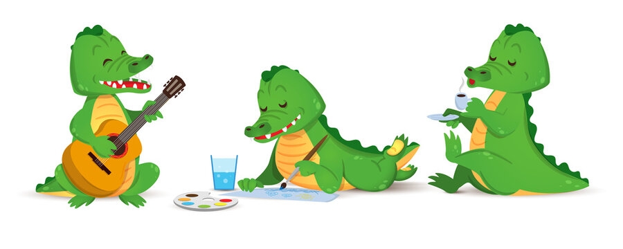 A cute green crocodile plays the guitar, draws and drinks coffee. A set of figurines of individual alligator animals. Vector
