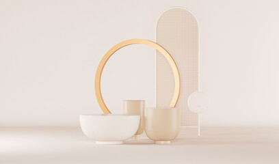 Mock up premium podium studio with decoration on pastel cream and golden background. Minimal mockup concept for product presentation. Trendy 3d render for social media banners, promotion, studio, stag