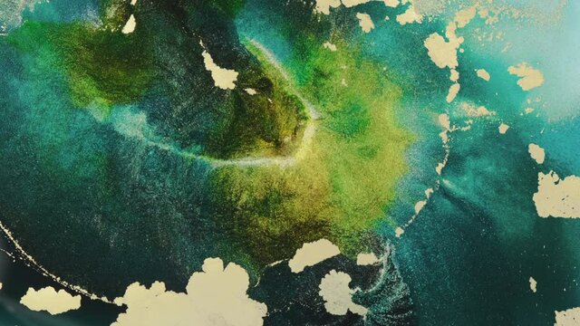 Green gold ink in motion abstract background, close-up. Brilliant emerald liquid paint explosion. Intense green-gold color liquid art moves. 4K footage Colorful ink flows in water abstract background