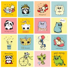 Vector set of cards with cute happy animal in the scandinavian style for kid s interiors, banners and posters.