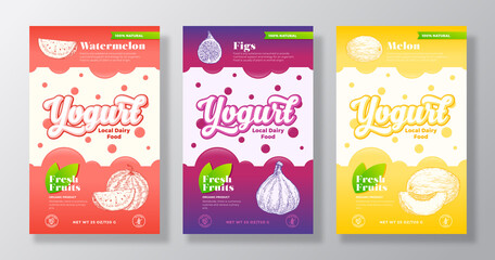 Fruits and Berries Yogurt Label Templates Set. Abstract Vector Dairy Packaging Design Layouts Collection. Modern Banner with Hand Drawn Melon, Watermelon and Figs Sketches Background. Isolated