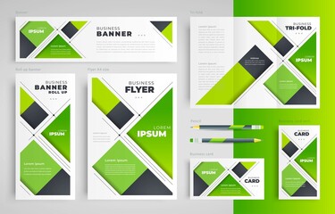 Stripes abstract green color theme set flyer cover, tri-fold, banner, roll up banner, business card