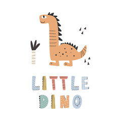 Cute dinosaur with slogan graphic - little dino, funny dino cartoons. Vector funny lettering quote with dino icon, scandinavian hand drawn illustration for print, stickers, posters design.