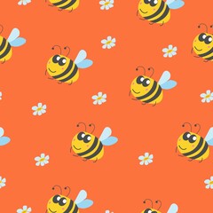 Seamless pattern with bumblebee, and chamomile flowers. Orange background. Yellow, grey, blue and pink. Cartoon style. Cute and funny. For kids post cards, wallpaper, textile, wrapping paper, print