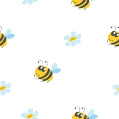 Seamless pattern with bumblebee, and chamomile flowers. White background. Yellow, grey, blue and pink. Cartoon style. Cute and funny. For kids post cards, wallpaper, textile, wrapping paper, print