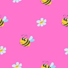 Seamless pattern with bumblebee, and chamomile flowers. Pink background. Yellow, grey, blue and pink. Cartoon style. Cute and funny. For kids post cards, wallpaper, textile, wrapping paper, print