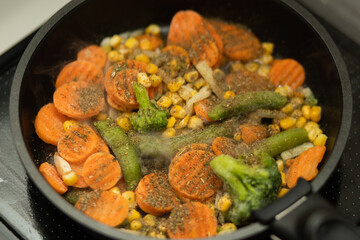 Vegetables on frying pan close up