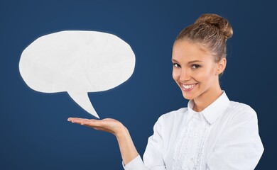 Happy young smiling woman holding copy space empty message bubbles