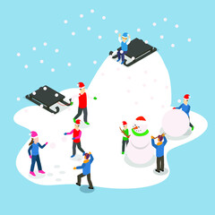 Teens playing in snow 3d isometric vector illustration concept for banner, website, landing page, ads, flyer