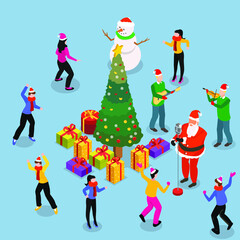 People having fun dancing and singing celebrating christmas 3d isometric vector illustration concept for banner, website, landing page, ads, flyer