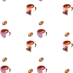 seamless pattern white coffee beans coffee cups vector