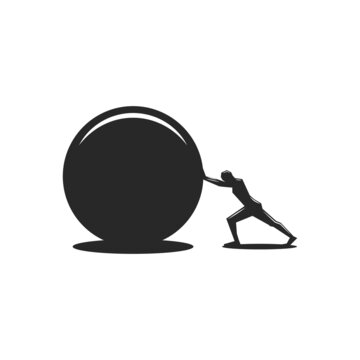 Purposeful man pushes a round stone to achieve his goal, black and white illustration of the ancient Greek myth of Sisyphus.